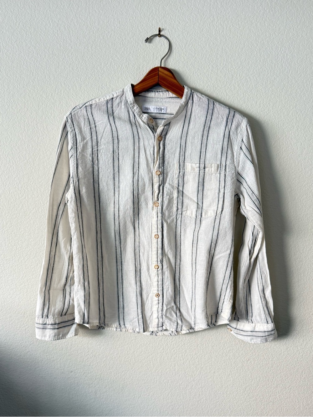 Zara Linen & Cotton Blend Cream Button-Up Shirt with Vertical Black Stripes